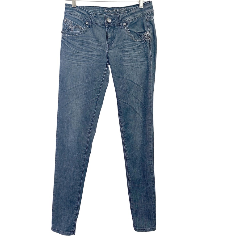L.A. Idol Skinny Jeans Embellished Women Size 5 Blue‎ Rhinestone Studded Y2K